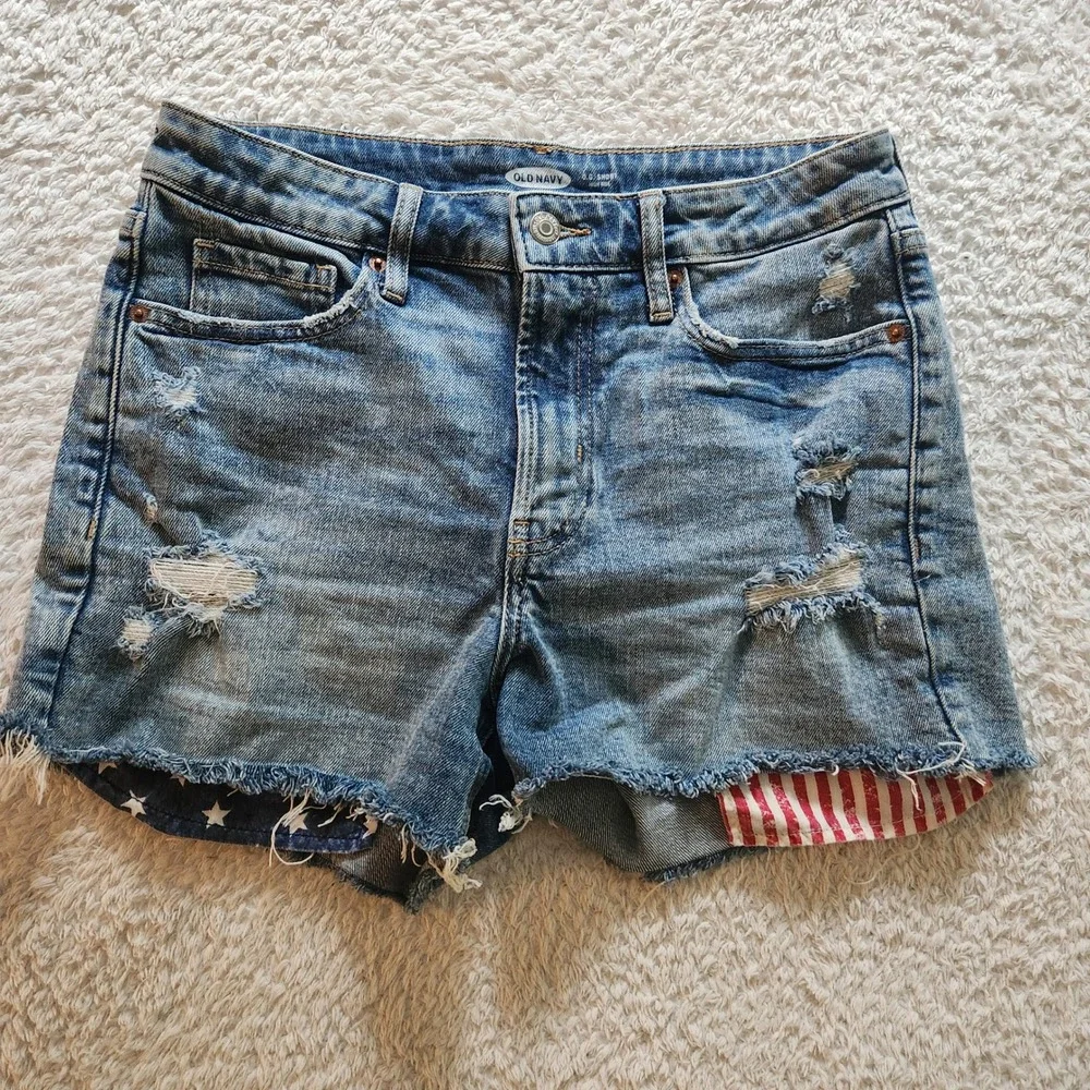 Old Navy OG Short High Rise Distressed Denim Cutoffs Americana Stars Stripes 6